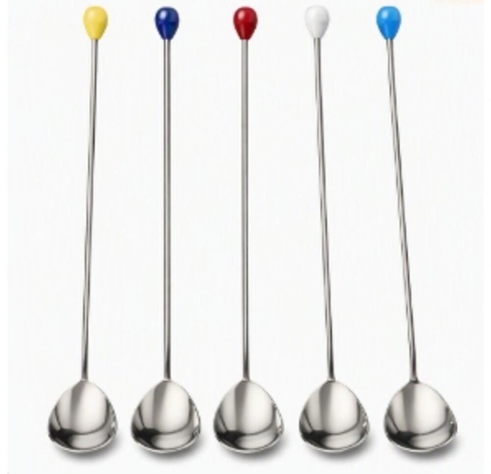 Set of 5 Long-Handled Cocktail Dessert Spoons Stainless Steel with Color Knobs